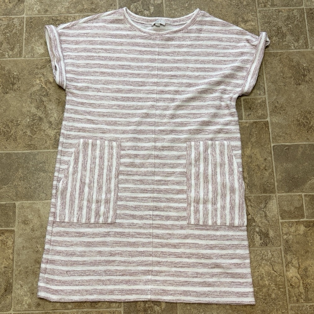 LOFT Textured Striped Shift Sweater Dress Size Large Pink Cream Woven Comfort